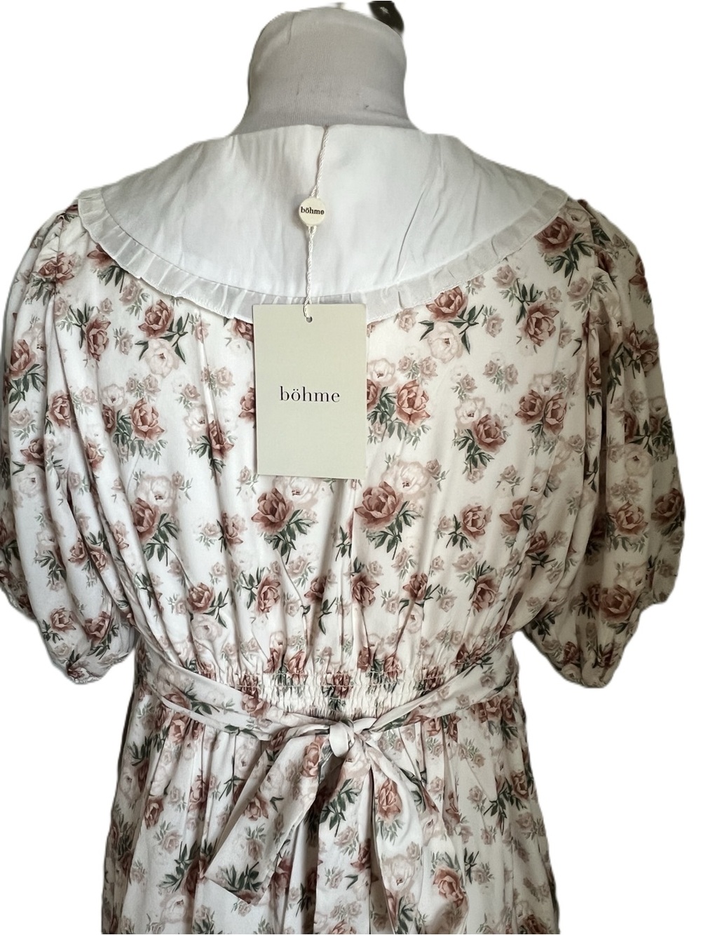 Floral Tie-Neck White Maxi dress with Dusty Rose Print. - Picture 4 of 5